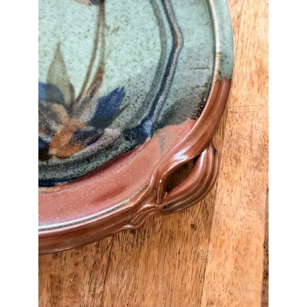 Studio Pottery Serving Plate Signed Iris Floral Green Rust Handcrafted Art
